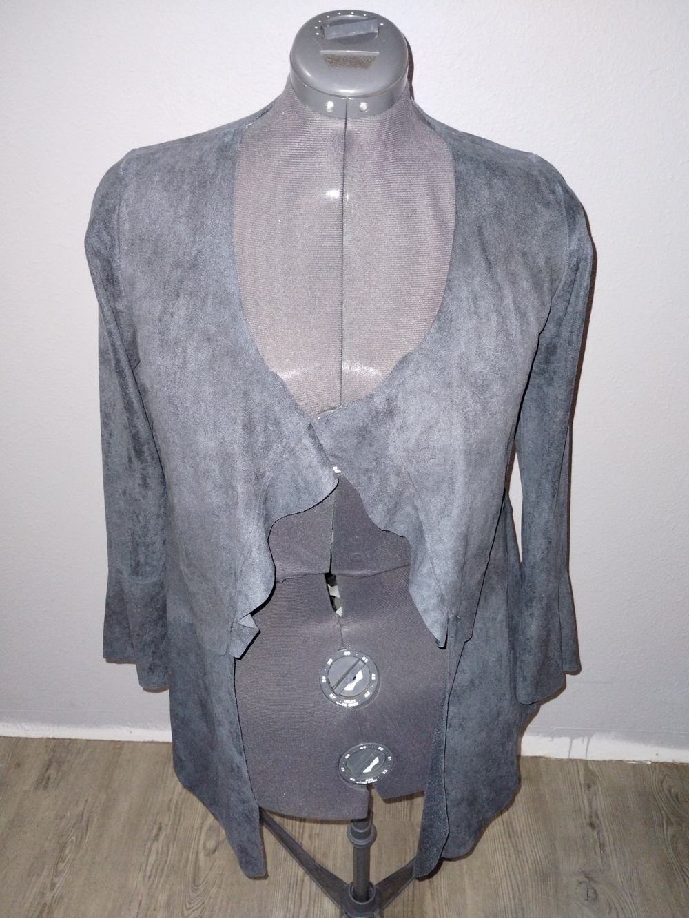 Vocal Gray Open-Front Ruffle-Edge Cardigan With Lace Up Back